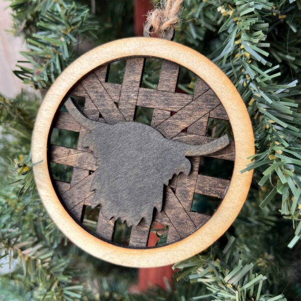 Shop Wyoming Rustic Highland Cow Ornament – Farmhouse Christmas Tree Decor – 3.25″ Round Wooden Highland Cattle Ornament – Country Western Holiday Gift
