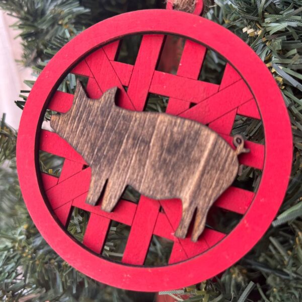 Shop Wyoming Rustic Pig Ornament – Red Barn Lattice Farmhouse Christmas Tree Decoration – 3.25″ Round Wooden Hog Ornament – Country Farm Animal Holiday Gift