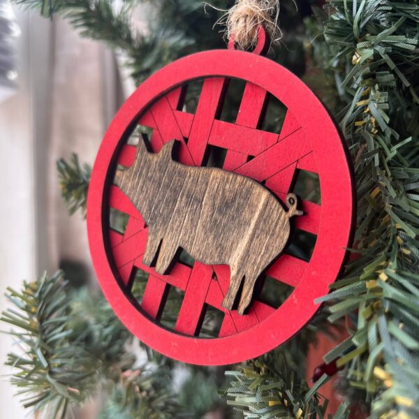 Shop Wyoming Rustic Pig Ornament – Red Barn Lattice Farmhouse Christmas Tree Decoration – 3.25″ Round Wooden Hog Ornament – Country Farm Animal Holiday Gift