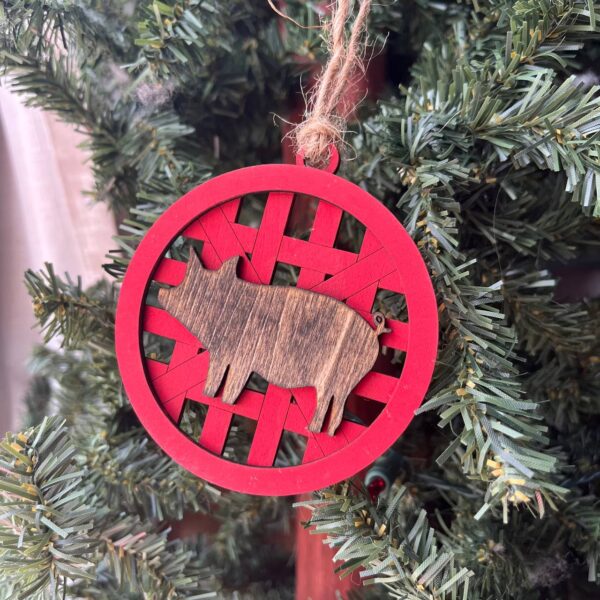 Shop Wyoming Rustic Pig Ornament – Red Barn Lattice Farmhouse Christmas Tree Decoration – 3.25″ Round Wooden Hog Ornament – Country Farm Animal Holiday Gift