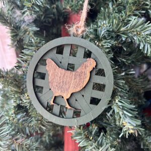 Shop Wyoming Rustic Chicken Ornament – Farmhouse Hen Holiday Tree Decor – 3.25″ Round Wooden Chicken Ornament for Country Christmas – Green Basket Weave Background