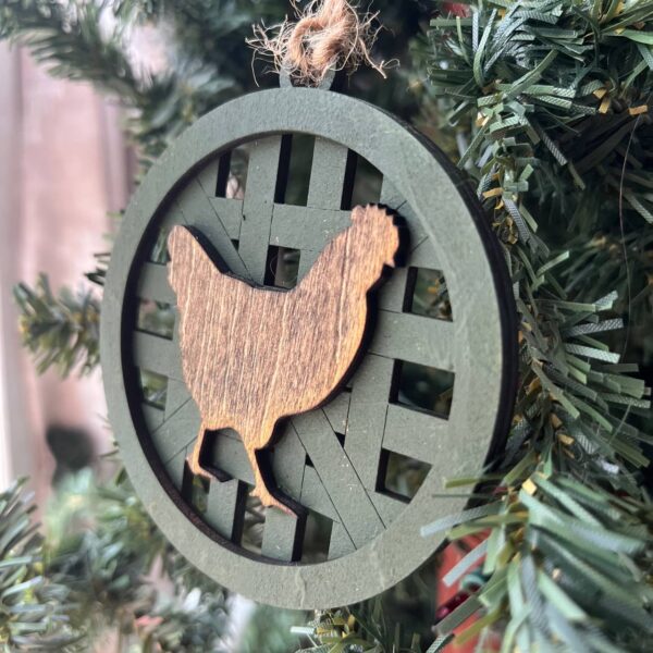 Shop Wyoming Rustic Chicken Ornament – Farmhouse Hen Holiday Tree Decor – 3.25″ Round Wooden Chicken Ornament for Country Christmas – Green Basket Weave Background