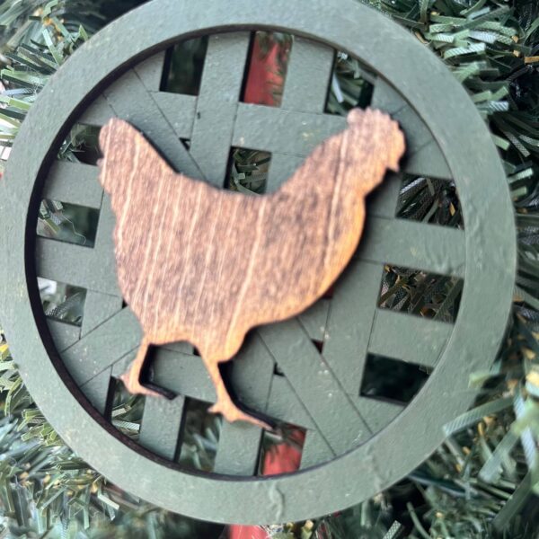 Shop Wyoming Rustic Chicken Ornament – Farmhouse Hen Holiday Tree Decor – 3.25″ Round Wooden Chicken Ornament for Country Christmas – Green Basket Weave Background