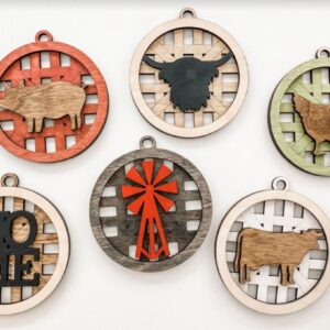 Shop Wyoming Farmhouse Christmas Ornament Set – Basket Weave Wood Ornaments (Set of 6) – Rustic Farm Animal & Windmill Tree Decorations – Pig, Cow, Chicken, Highland, Windmill, HOME