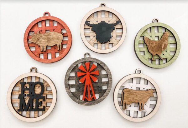Shop Wyoming Farmhouse Christmas Ornament Set – Basket Weave Wood Ornaments (Set of 6) – Rustic Farm Animal & Windmill Tree Decorations – Pig, Cow, Chicken, Highland, Windmill, HOME