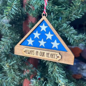 Shop Wyoming Patriotic Folded Flag Memorial Ornament – Always in Our Hearts – Veteran Tribute Wood Keepsake – 3.5″ Wide Military Remembrance Ornament