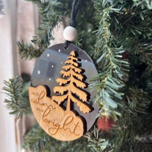 Shop Wyoming “All Is Calm, All Is Bright” Wood & Black Acrylic Christmas Ornament – Modern Rustic Tree Ornament – 3.25″ Round Holiday Decoration