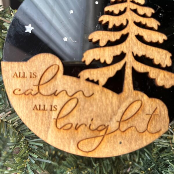 Shop Wyoming “All Is Calm, All Is Bright” Wood & Black Acrylic Christmas Ornament – Modern Rustic Tree Ornament – 3.25″ Round Holiday Decoration
