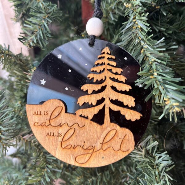 Shop Wyoming “All Is Calm, All Is Bright” Wood & Black Acrylic Christmas Ornament – Modern Rustic Tree Ornament – 3.25″ Round Holiday Decoration