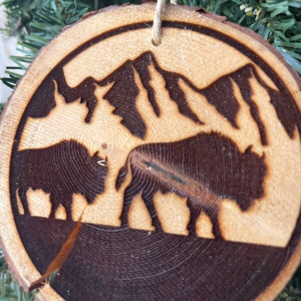 Shop Wyoming Engraved Bison Ornament on Locally Sourced Pine Wood – Rustic Wildlife Christmas Decor – 3.25″-4″ Round Handmade Ornament