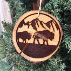 Shop Wyoming Engraved Bison Ornament on Locally Sourced Pine Wood – Rustic Wildlife Christmas Decor – 3.25″-4″ Round Handmade Ornament