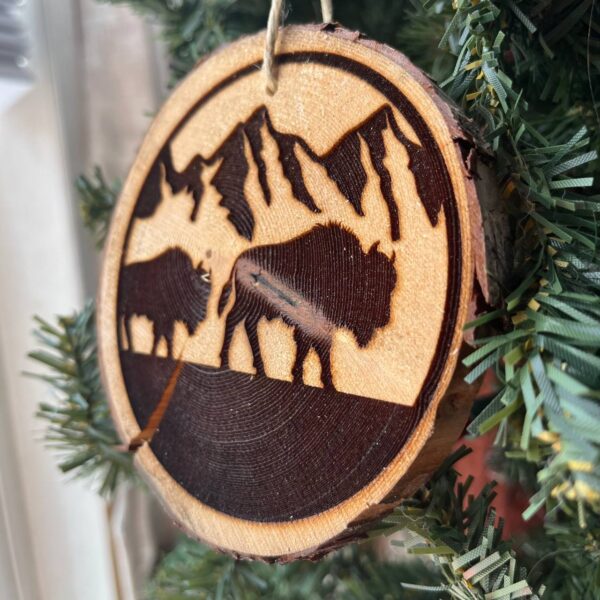 Shop Wyoming Engraved Bison Ornament on Locally Sourced Pine Wood – Rustic Wildlife Christmas Decor – 3.25″-4″ Round Handmade Ornament