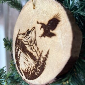 Shop Wyoming Engraved Eagle & Mountain Ornament on Natural Pine Wood – Rustic Wildlife Christmas Tree Decor – 3.25″-4″ Round