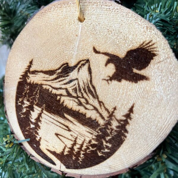 Shop Wyoming Engraved Eagle & Mountain Ornament on Natural Pine Wood – Rustic Wildlife Christmas Tree Decor – 3.25″-4″ Round