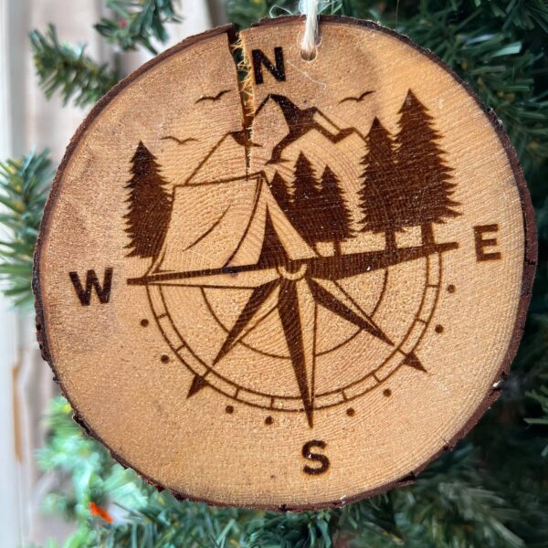 Shop Wyoming Engraved Compass & Tent Ornament – Rustic Pine Wood Camping Ornament – Mountain Adventure Tree Slice Decor – 3.25″-4″ Round
