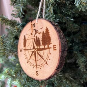 Shop Wyoming Engraved Compass & Tent Ornament – Rustic Pine Wood Camping Ornament – Mountain Adventure Tree Slice Decor – 3.25″-4″ Round