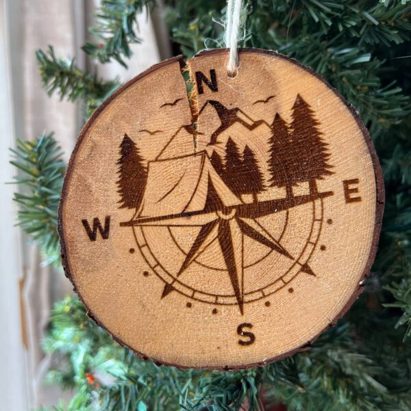 Shop Wyoming Engraved Compass & Tent Ornament – Rustic Pine Wood Camping Ornament – Mountain Adventure Tree Slice Decor – 3.25″-4″ Round