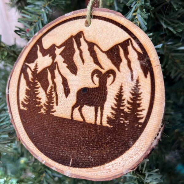 Shop Wyoming Mountain Goat Engraved Wood Slice Ornament – Locally Sourced Pine – Rustic Alpine Wildlife Decor – Nature-Inspired Tree Ornament 3.25″-4″ Round