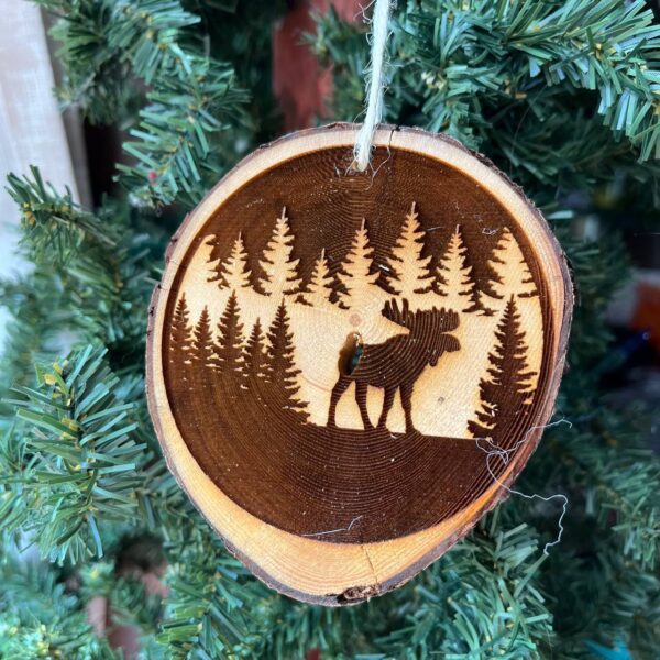 Shop Wyoming Moose in Forest Engraved Pine Wood Slice Ornament – Rustic Wildlife Tree Decor – Locally Sourced Handcrafted 3.25″-4″ Round Ornament