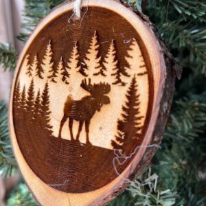 Shop Wyoming Moose in Forest Engraved Pine Wood Slice Ornament – Rustic Wildlife Tree Decor – Locally Sourced Handcrafted 3.25″-4″ Round Ornament