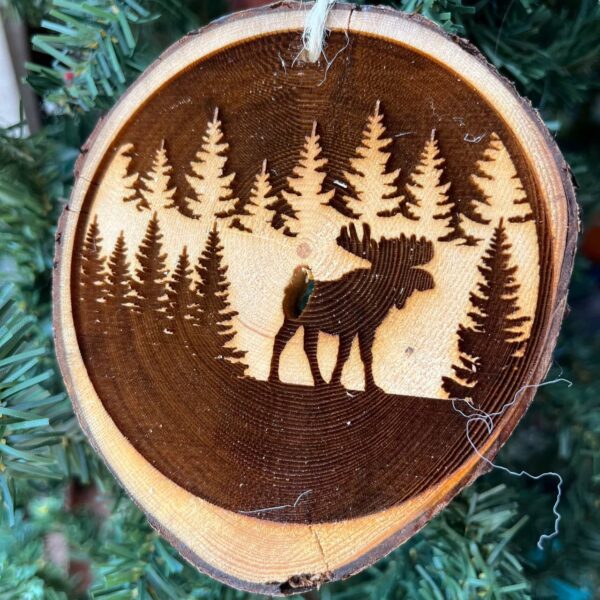 Shop Wyoming Moose in Forest Engraved Pine Wood Slice Ornament – Rustic Wildlife Tree Decor – Locally Sourced Handcrafted 3.25″-4″ Round Ornament