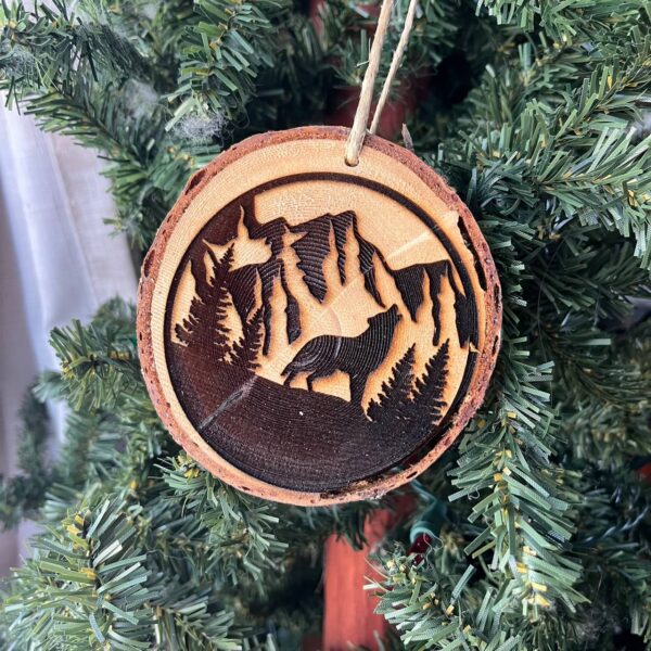 Shop Wyoming Howling Wolf Engraved Pine Wood Ornament – Rustic Wildlife Tree Slice Decor – Locally Sourced 3.25″-4″ Round Nature Ornament