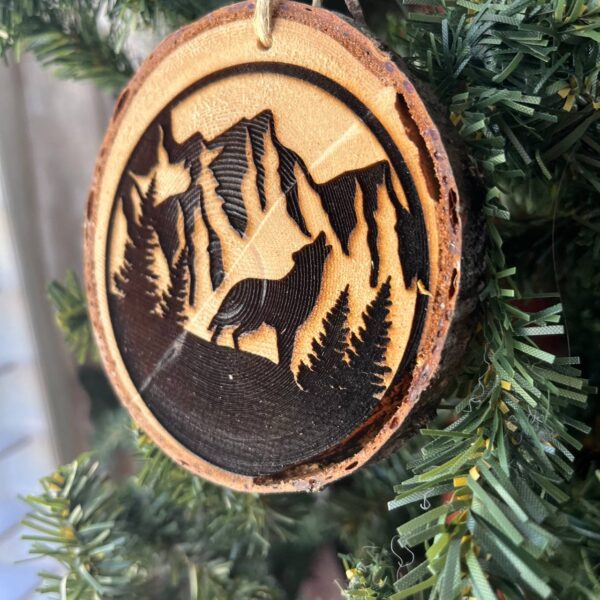 Shop Wyoming Howling Wolf Engraved Pine Wood Ornament – Rustic Wildlife Tree Slice Decor – Locally Sourced 3.25″-4″ Round Nature Ornament