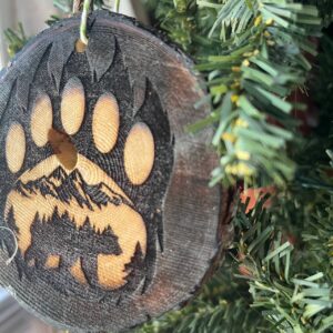 Shop Wyoming Bear Paw Print Engraved Pine Wood Ornament – Rustic Wildlife Tree Slice Décor – Locally Sourced 3.25″-4″ Round Ornament for Nature Lovers