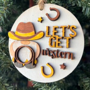 Shop Wyoming Let’s Get Western Cowboy Ornament – Rustic Wood Christmas Decoration – 3.25″ Round Layered Farmhouse Ornament