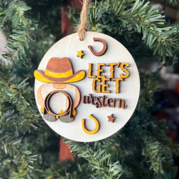 Shop Wyoming Let’s Get Western Cowboy Ornament – Rustic Wood Christmas Decoration – 3.25″ Round Layered Farmhouse Ornament