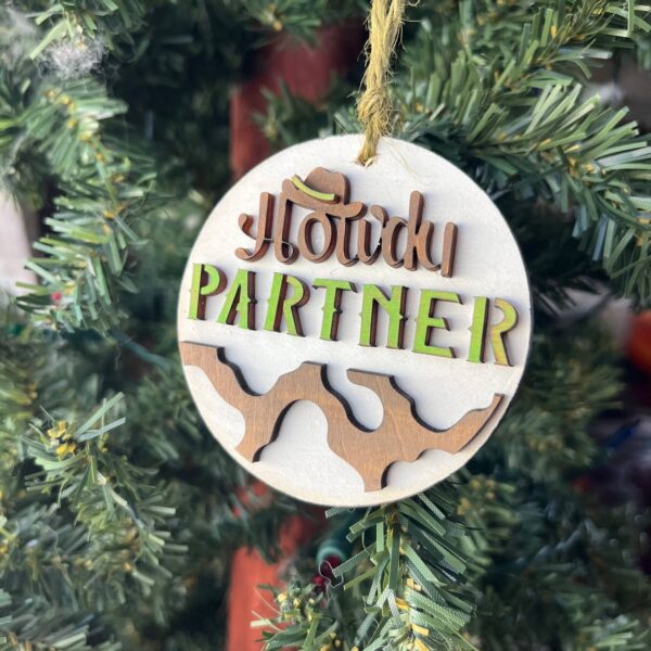 Shop Wyoming Howdy Partner Cowboy Ornament – Western Themed Wood Christmas Decoration – Rustic Farmhouse Holiday Ornament – 3.25″ Round