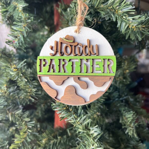 Shop Wyoming Howdy Partner Cowboy Ornament – Western Themed Wood Christmas Decoration – Rustic Farmhouse Holiday Ornament – 3.25″ Round