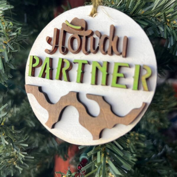 Shop Wyoming Howdy Partner Cowboy Ornament – Western Themed Wood Christmas Decoration – Rustic Farmhouse Holiday Ornament – 3.25″ Round