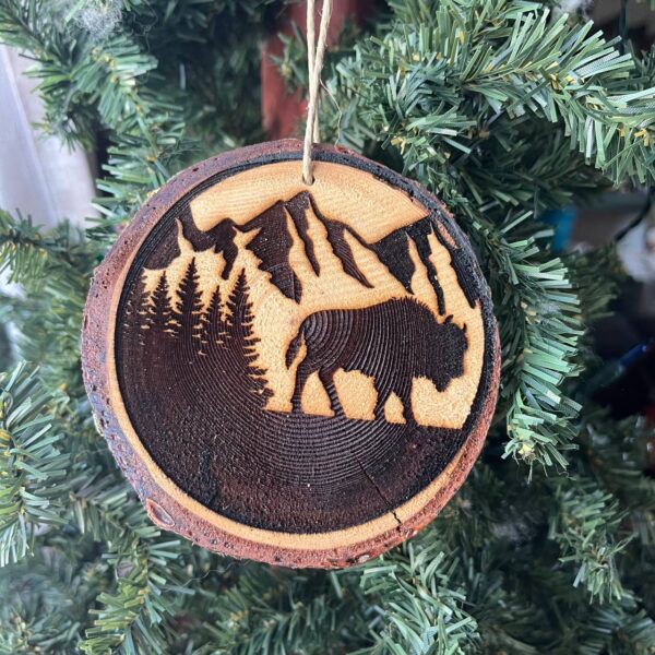 Shop Wyoming Engraved Bison Ornament – Rustic Pine Wood Christmas Ornament – Buffalo Mountain Tree Decor for Nature Lovers – 3.25″-4″ Round