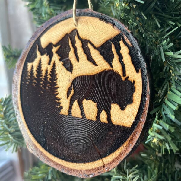Shop Wyoming Engraved Bison Ornament – Rustic Pine Wood Christmas Ornament – Buffalo Mountain Tree Decor for Nature Lovers – 3.25″-4″ Round