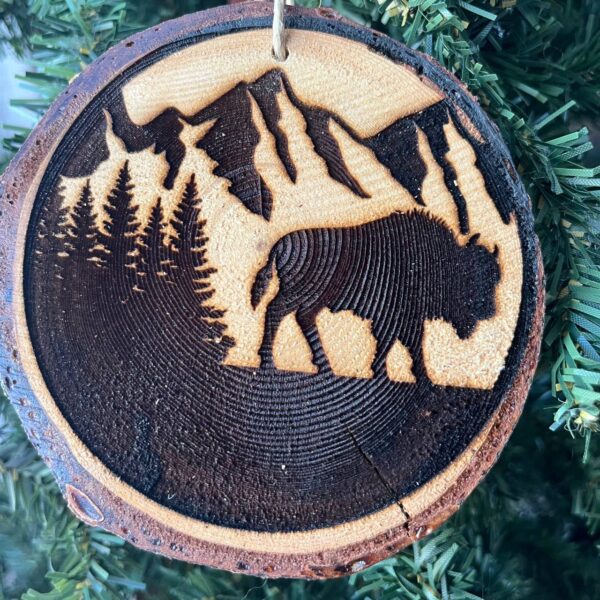 Shop Wyoming Engraved Bison Ornament – Rustic Pine Wood Christmas Ornament – Buffalo Mountain Tree Decor for Nature Lovers – 3.25″-4″ Round