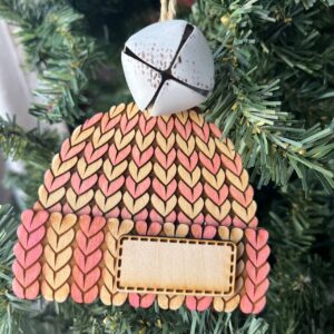 Shop Wyoming Personalized Knit Hat Christmas Ornament with Bell – Pink & Yellow Wood Beanie Tree Decor – Custom Winter Ornament for Kids, Family, Baby’s First Christmas – 4″ Tall