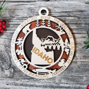 Shop Wyoming Idaho State Ornament – 3.25” Round Laser Cut Wooden Christmas Ornament | Idaho Gift for Campers, Skiers, Outdoor Adventurers & Gem State Travelers