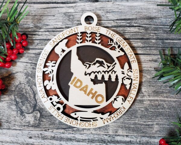 Shop Wyoming Idaho State Ornament – 3.25” Round Laser Cut Wooden Christmas Ornament | Idaho Gift for Campers, Skiers, Outdoor Adventurers & Gem State Travelers