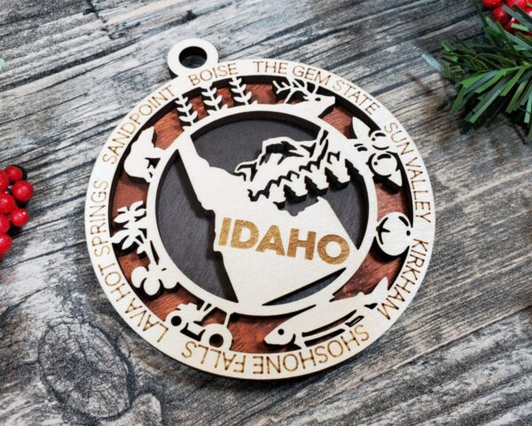 Shop Wyoming Idaho State Ornament – 3.25” Round Laser Cut Wooden Christmas Ornament | Idaho Gift for Campers, Skiers, Outdoor Adventurers & Gem State Travelers