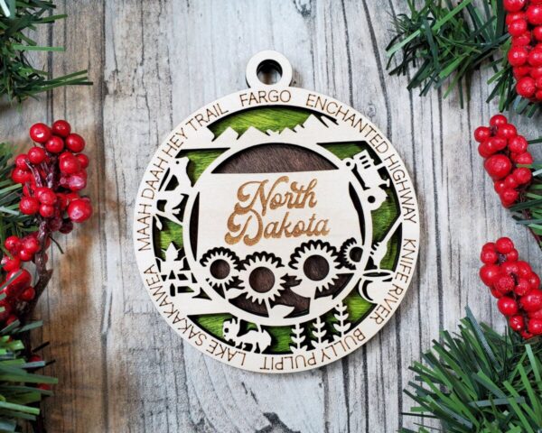 Shop Wyoming North Dakota Wooden Ornament – Prairie State Decor with Bison & Sunflowers