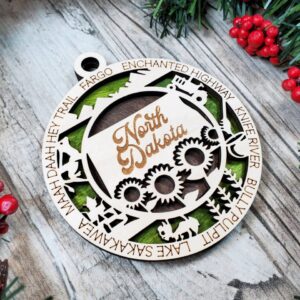 Shop Wyoming North Dakota Wooden Ornament – Prairie State Decor with Bison & Sunflowers