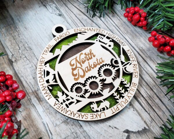 Shop Wyoming North Dakota Wooden Ornament – Prairie State Decor with Bison & Sunflowers