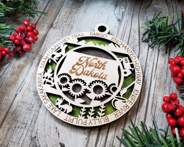 Shop Wyoming North Dakota Wooden Ornament – Prairie State Decor with Bison & Sunflowers