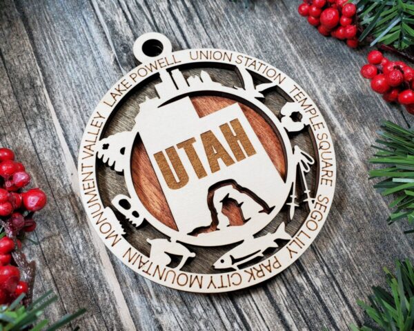 Shop Wyoming Utah State Ornament – Laser Cut Wood Holiday Decor Featuring Utah Icons