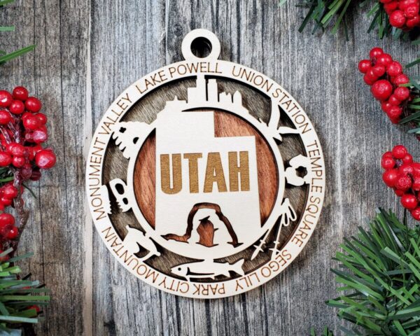 Shop Wyoming Utah State Ornament – Laser Cut Wood Holiday Decor Featuring Utah Icons