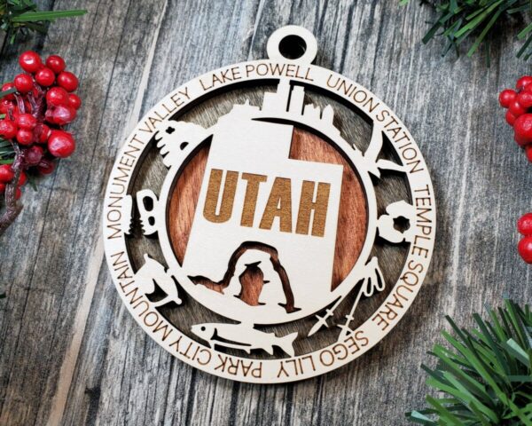Shop Wyoming Utah State Ornament – Laser Cut Wood Holiday Decor Featuring Utah Icons