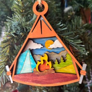 Shop Wyoming Rustic Camping Christmas Ornament – Hand-Painted 4-Layer Wooden Tent and Campfire Decor