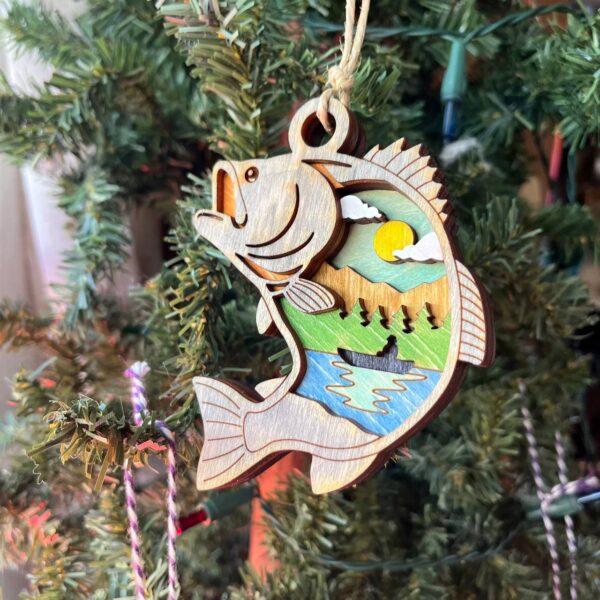 Shop Wyoming Rustic Fishing Christmas Ornament – Hand-Painted 4-Layer Wooden Bass and Lake Scene