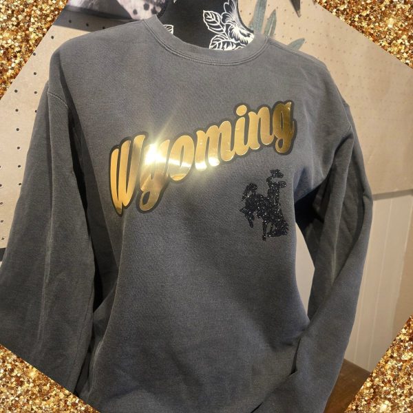 Shop Wyoming Metallic Gold Wyoming ~ Charcoal Comfort Colors Sweatshirt